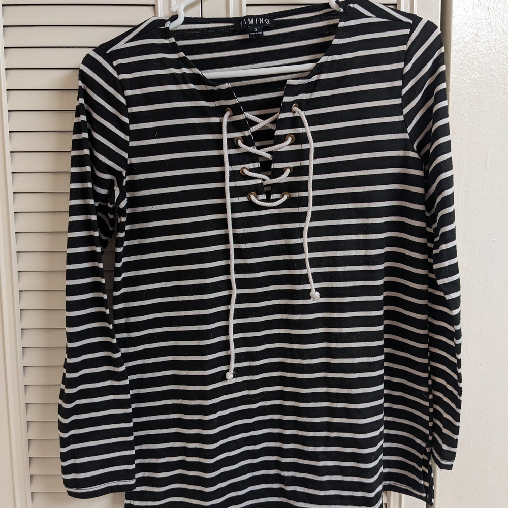 Ing Monochrome Striped Lace-Up Blouse